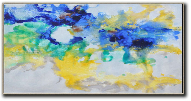 Large Abstract Art Handmade Oil Painting,Hand Painted Panoramic Abstract Oil Painting On Canvas,Abstract Painting Modern Art,Grey,Yellow,Blue,Green.etc